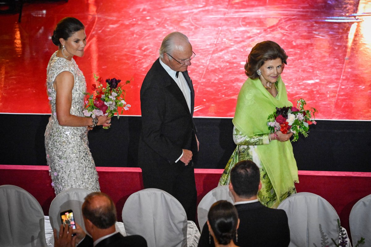 The King and Queen of Sweden, with Crown Princess Victoria, attend the Polar Music Prize ceremony at the Grand Hotel in Stockholm on May 21, 2024 (Jessica Gow/TT News Agency/Alamy)
