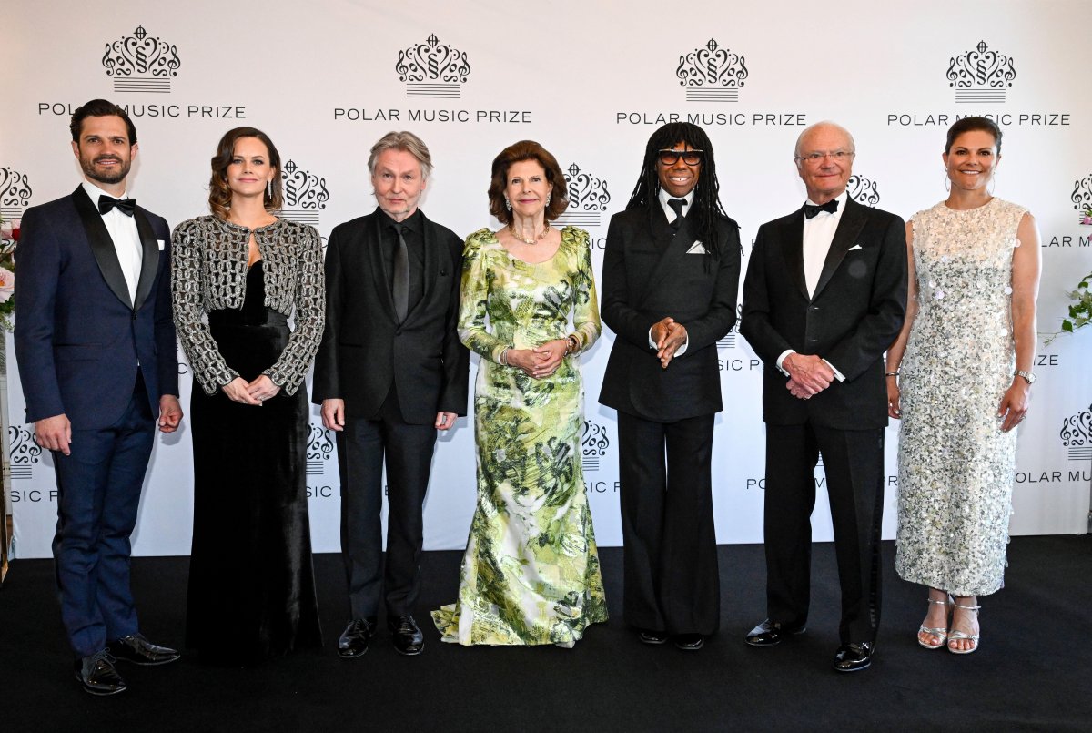 Members of the Swedish royal family pose with prize laureates Esa-Pekka Salonen and Nile Rodgers after the Polar Music Prize ceremony at the Grand Hotel in Stockholm on May 21, 2024 (Jessica Gow/TT News Agency/Alamy)