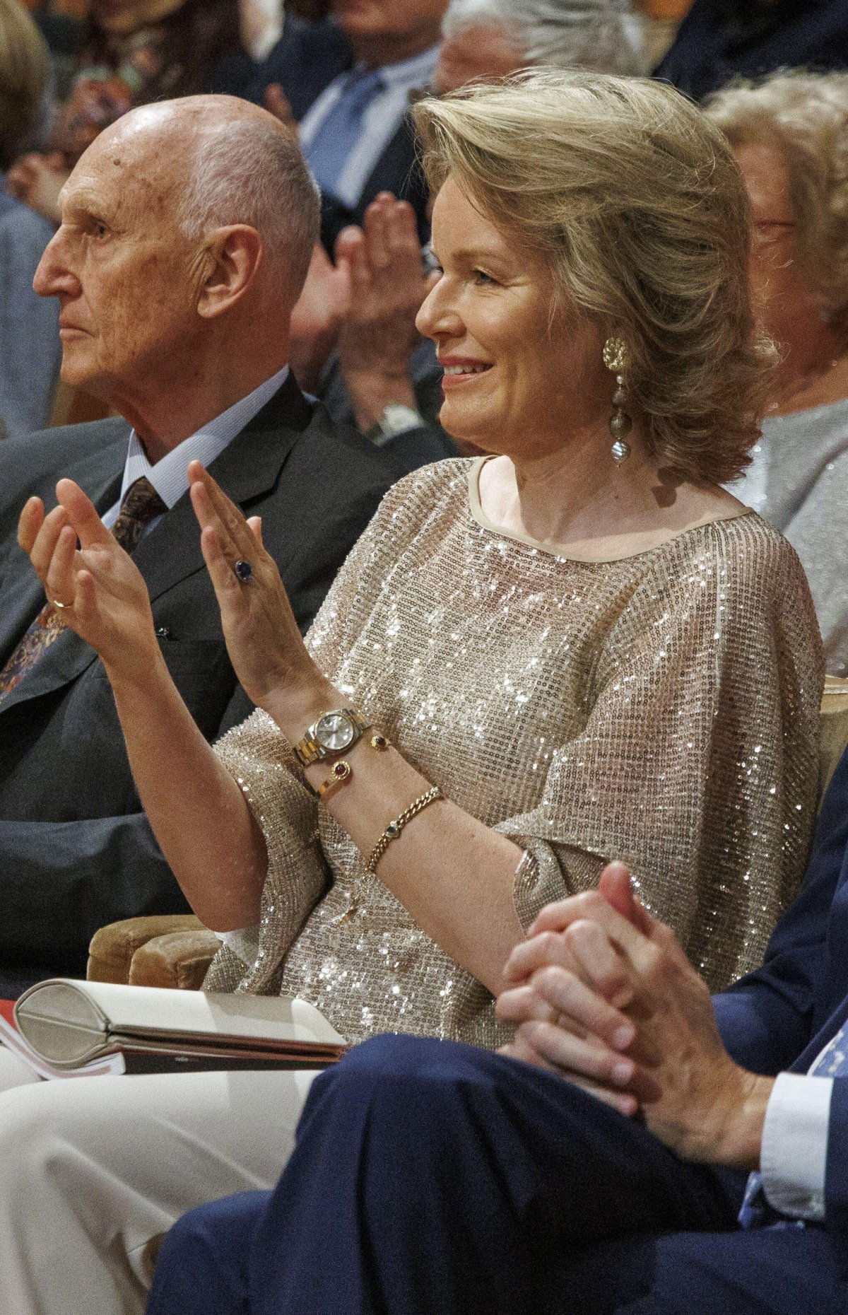 Queen Mathilde of the Belgians attends the announcement of the finalists of the Queen Elisabeth Violin Competition at the Bozar Concert Hall in Brussels on May 18, 2024 (NICOLAS MAETERLINCK/Belga News Agency/Alamy)