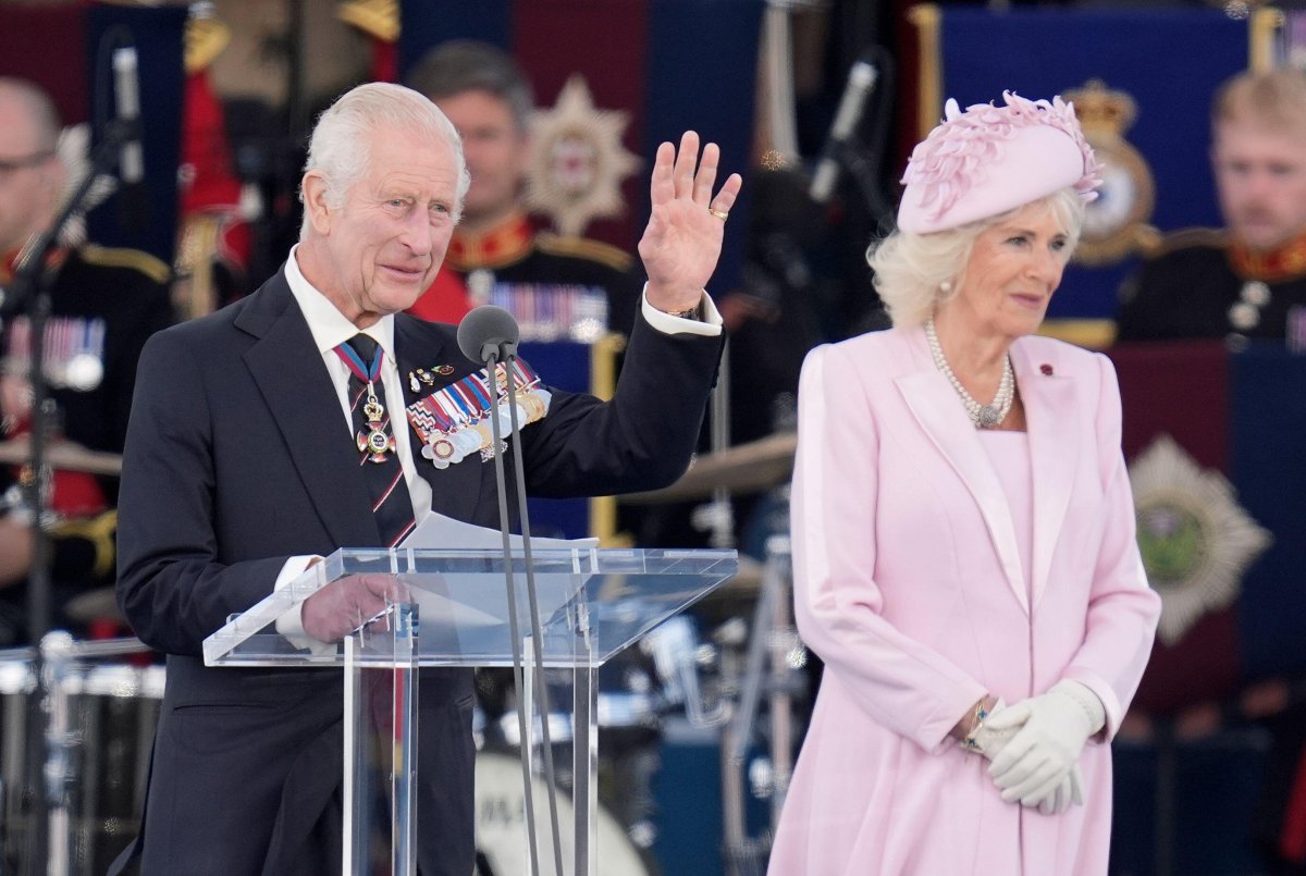 King Charles III and Queen Camilla are pictured during the UK's national commemorative event for the 80th anniversary of D-Day on Southsea Common in Portsmouth on June 5, 2024 (Andrew Matthews/PA Images/Alamy)