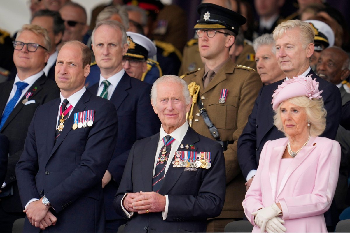 King Charles III and Queen Camilla, with the Prince of Wales, are pictured during the UK's national commemorative event for the 80th anniversary of D-Day on Southsea Common in Portsmouth on June 5, 2024 (Kin Cheung/PA Images/Alamy)