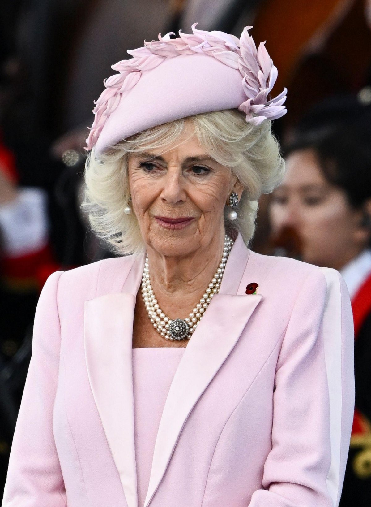 Queen Camilla is pictured during the UK's national commemorative event for the 80th anniversary of D-Day on Southsea Common in Portsmouth on June 5, 2024 (Dylan Martinez/PA Images/Alamy)