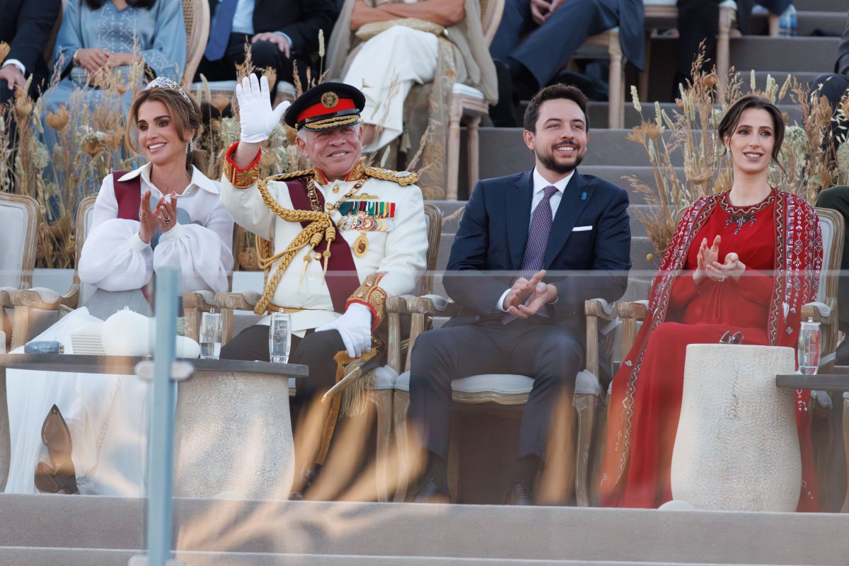 The King and Queen of Jordan, with Crown Prince Hussein and Princess Rajwa, attend a national celebration of his Silver Jubilee in Amman on June 9, 2024 (Royal Hashemite Court)