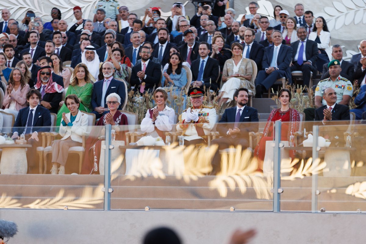 The King and Queen of Jordan, with members of their extended family, attend a national celebration of his Silver Jubilee in Amman on June 9, 2024 (Royal Hashemite Court)