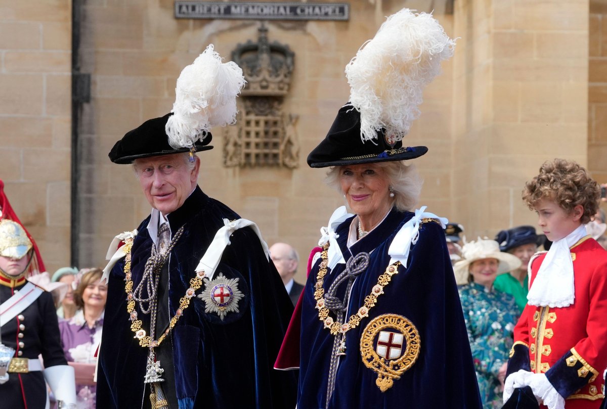 King Charles III and Queen Camilla arrive for the annual Order of the Garter service at St. George's Chapel, Windsor on June 17, 2024 (Kirsty Wigglesworth/PA Images/Alamy)