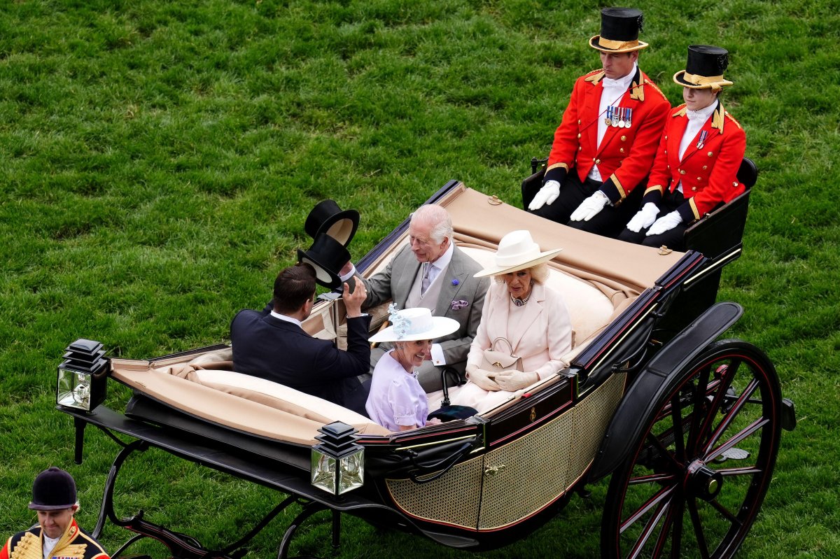 The King and Queen, with Sheikh Hamad bin Abdullah Al Thani and Lady Charles Spencer-Churchill, arrive for the fifth day of Royal Ascot on June 22, 2024 (John Walton/PA Images/Alamy)