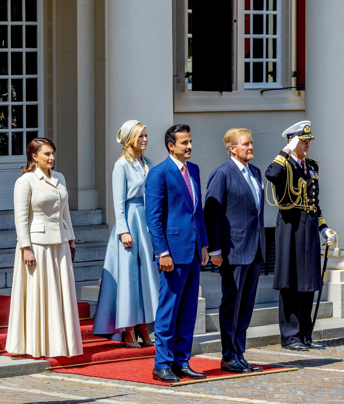The King and Queen of the Netherlands welcome the Emir of Qatar and Sheikha Jawaher bint Hamad Al Thani to the Noordeinde Palace in The Hague on June 24, 2024 (DPA Picture Alliance/Alamy)