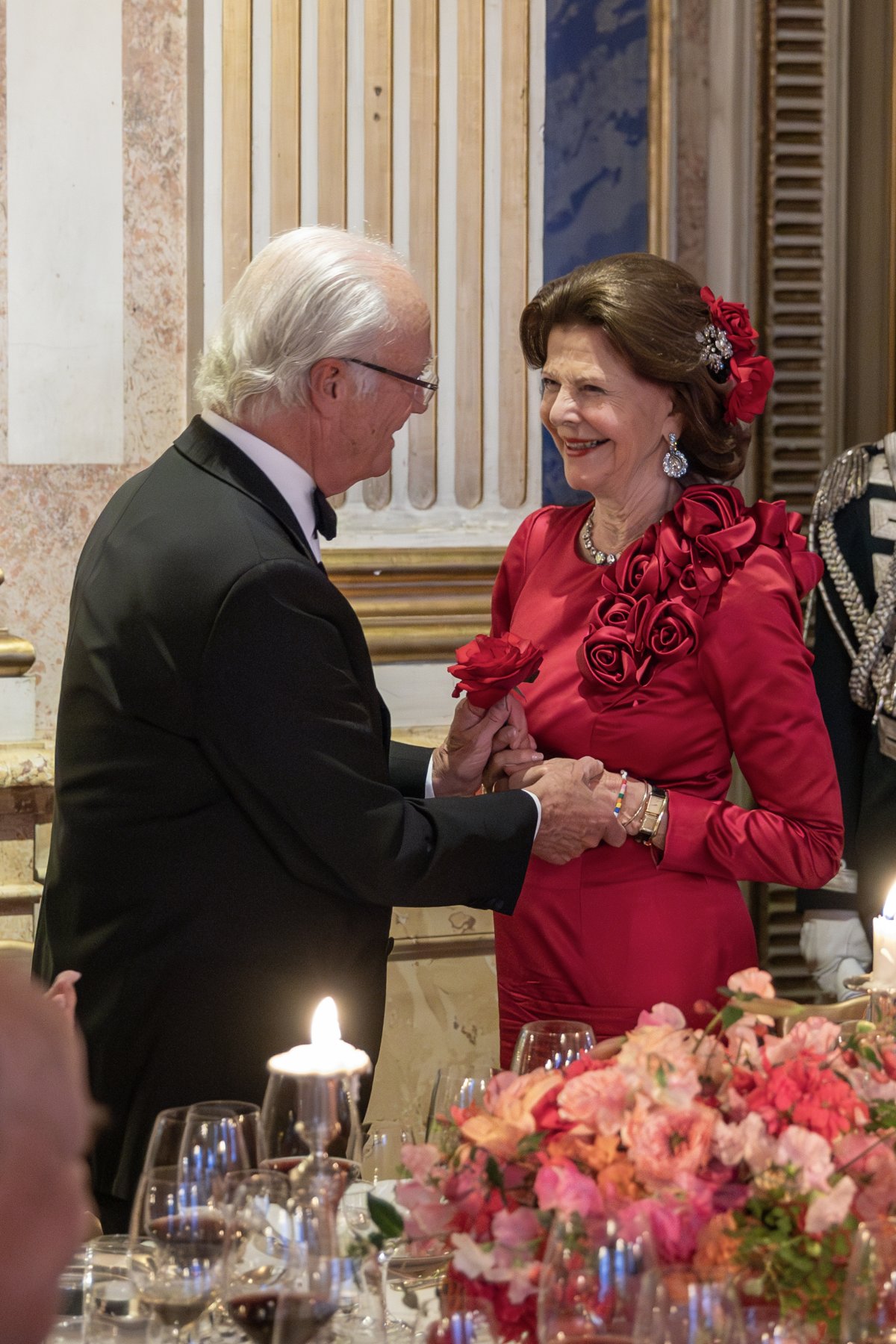 The King and Queen of Sweden are pictured during a private dinner celebrating her recent 80th birthday at the Royal Palace in Stockholm on June 15, 2024 (Sara Friberg/The Royal Court of Sweden)