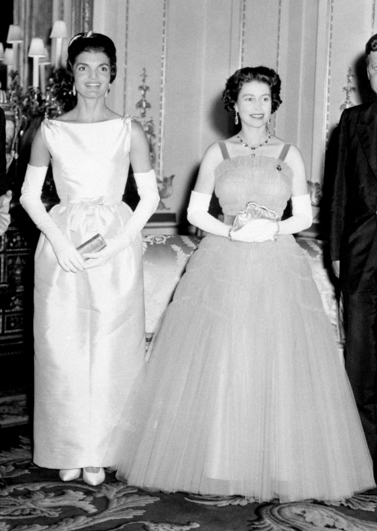 First Lady Jacqueline Kennedy and Queen Elizabeth II are pictured ahead of a dinner at Buckingham Palace in London on June 5, 1961 (PA Images/Alamy)