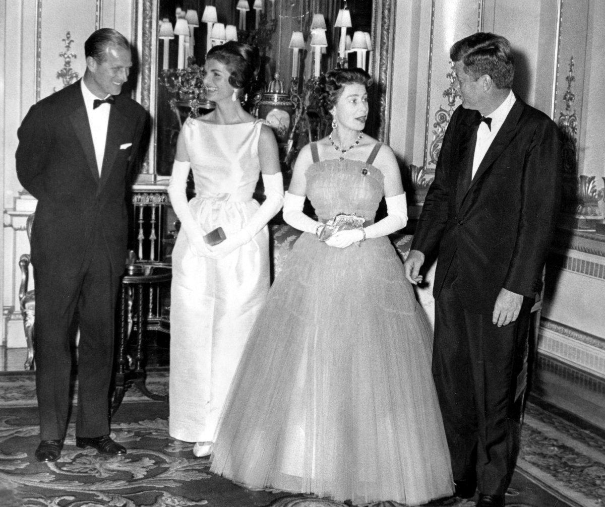 The Duke of Edinburgh, First Lady Jacqueline Kennedy, Queen Elizabeth II, and President John F. Kennedy are pictured ahead of a dinner at Buckingham Palace in London on June 5, 1961 (Keystone Press/Alamy)