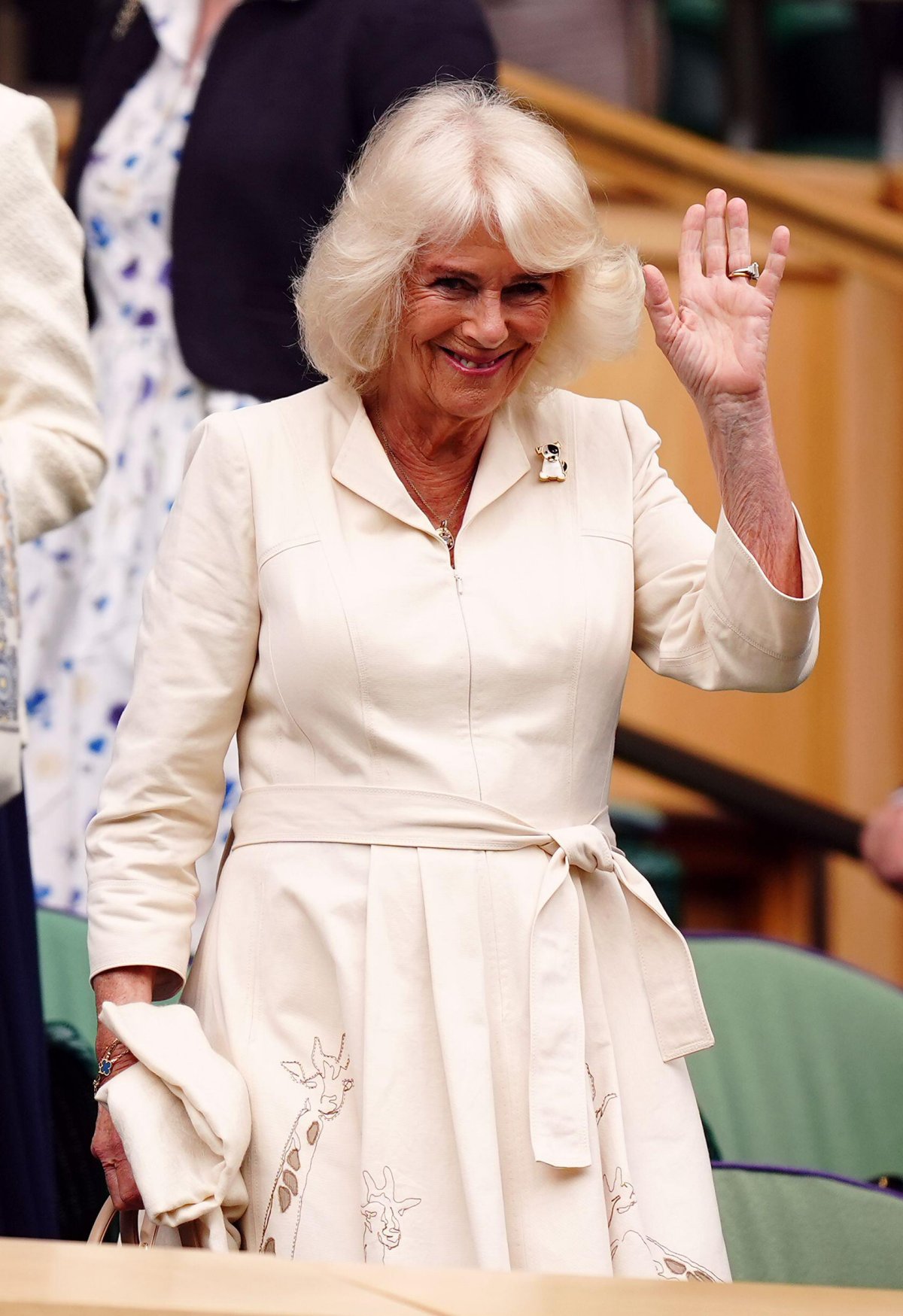Queen Camilla watches from the Royal Box on day ten of the Wimbledon Championships at the All England Lawn Tennis and Croquet Club on July 10, 2024 (Mike Egerton/PA Images/Alamy)
