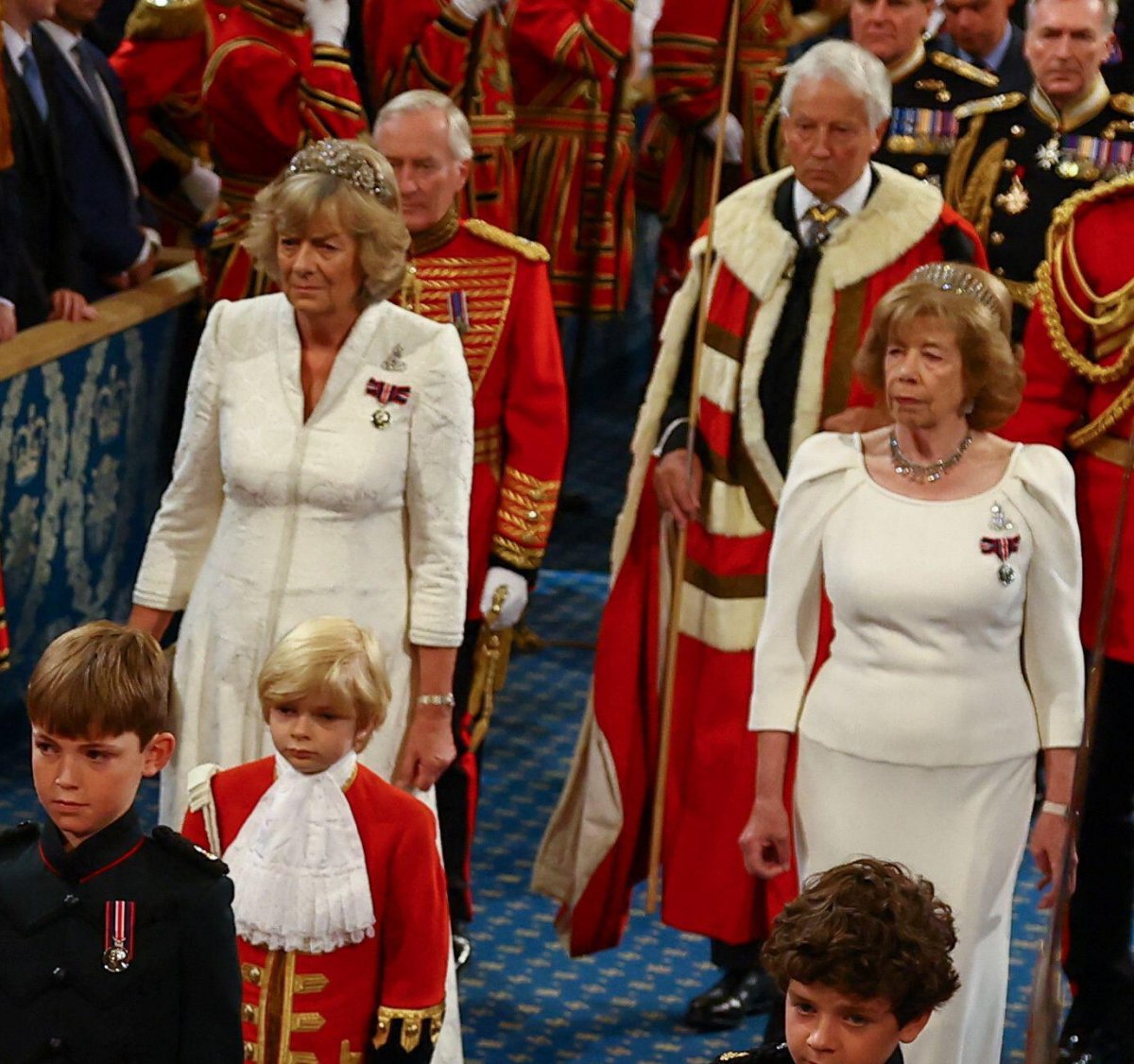 The Marchioness of Landsdowne and Lady Sarah Keswick, the Queen's Companions, attend the State Opening of Parliament on July 17, 2024 (Hannah McKay/PA Images/Alamy)