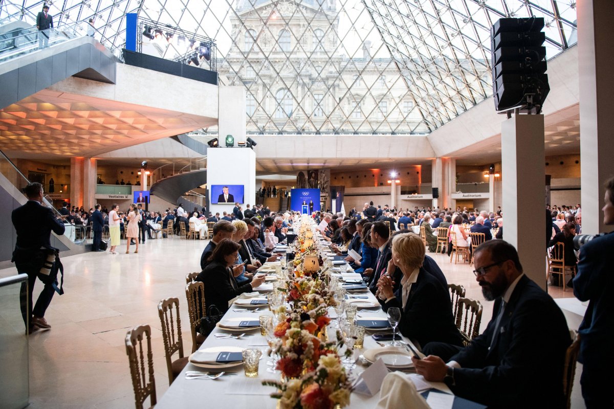 Thomas Bach, President of the IOC, speaks during a gala dinner hosted by the International Olympic Committee and the French Presidency at the Louvre Museum in Paris on July 25, 2024 (Jeanne Accorsini/Abaca Press/Alamy)