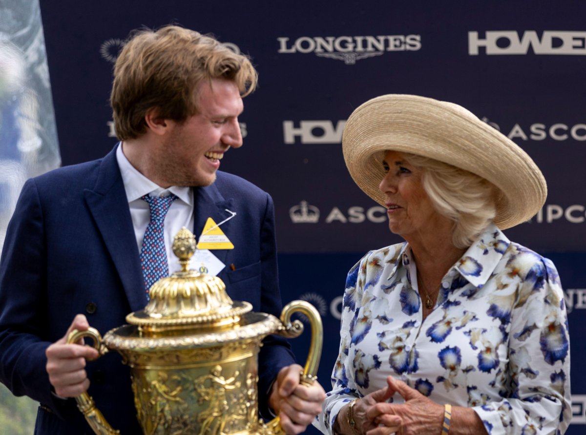 Queen Camilla presents the trophy for for the King George VI And Queen Elizabeth Qipco Stakes at Ascot Racecourse on July 27, 2024 (Steven Paston/PA Images/Alamy)