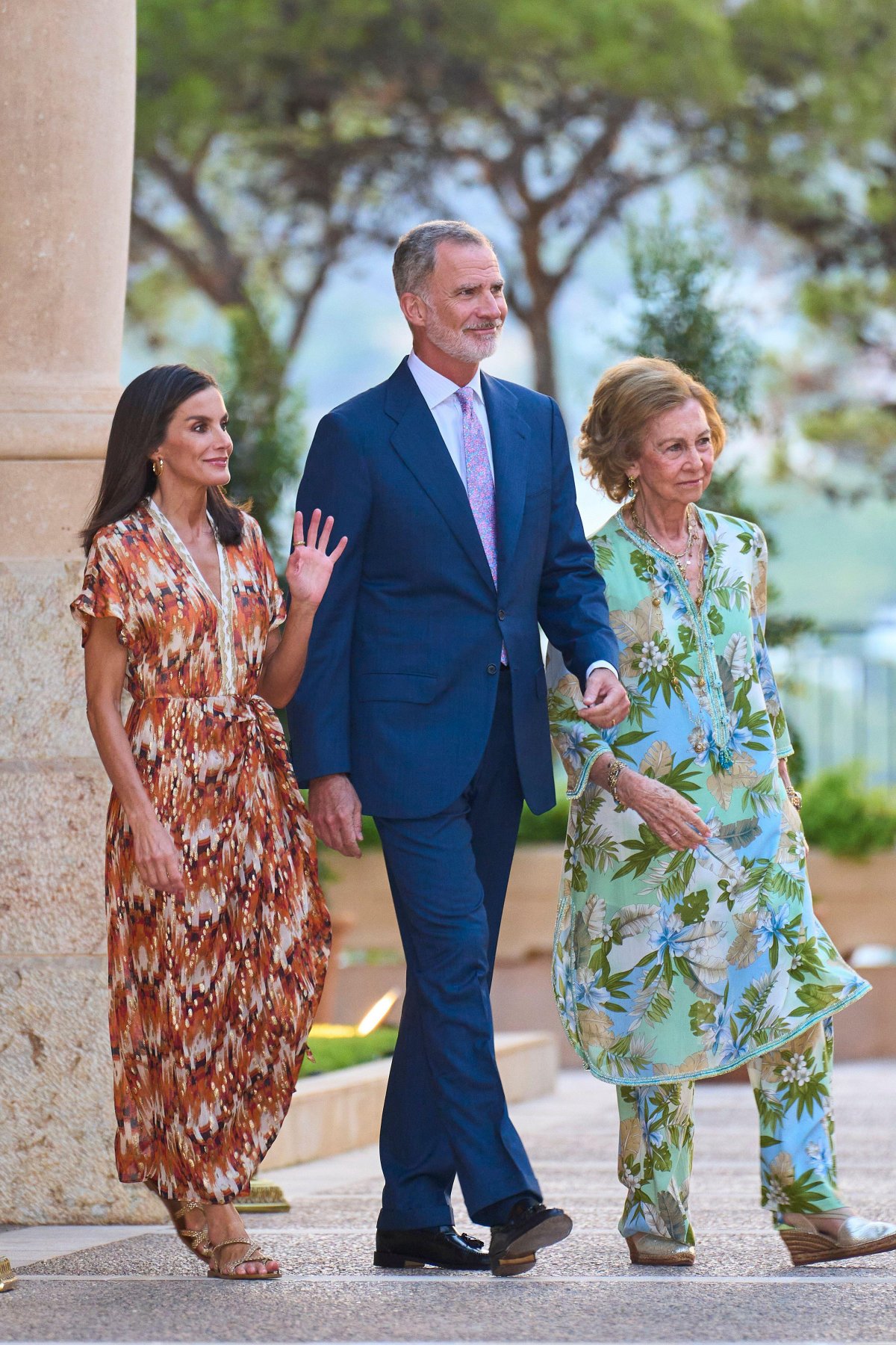 King Felipe VI, Queen Letizia, and Queen Sofia of Spain attend a reception at Marivent Palace in Palma de Mallorca on July 29, 2024 (MPG/Alamy)