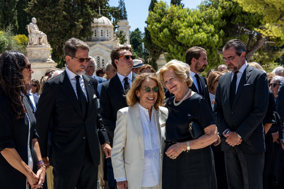 Marina Karella, with members of the Greek royal family, attends the funeral of her late husband, Prince Michael of Greece and Denmark, in Athens on August 1, 2024 (Ammar Abd Rabbo/Abaca Press/Alamy)