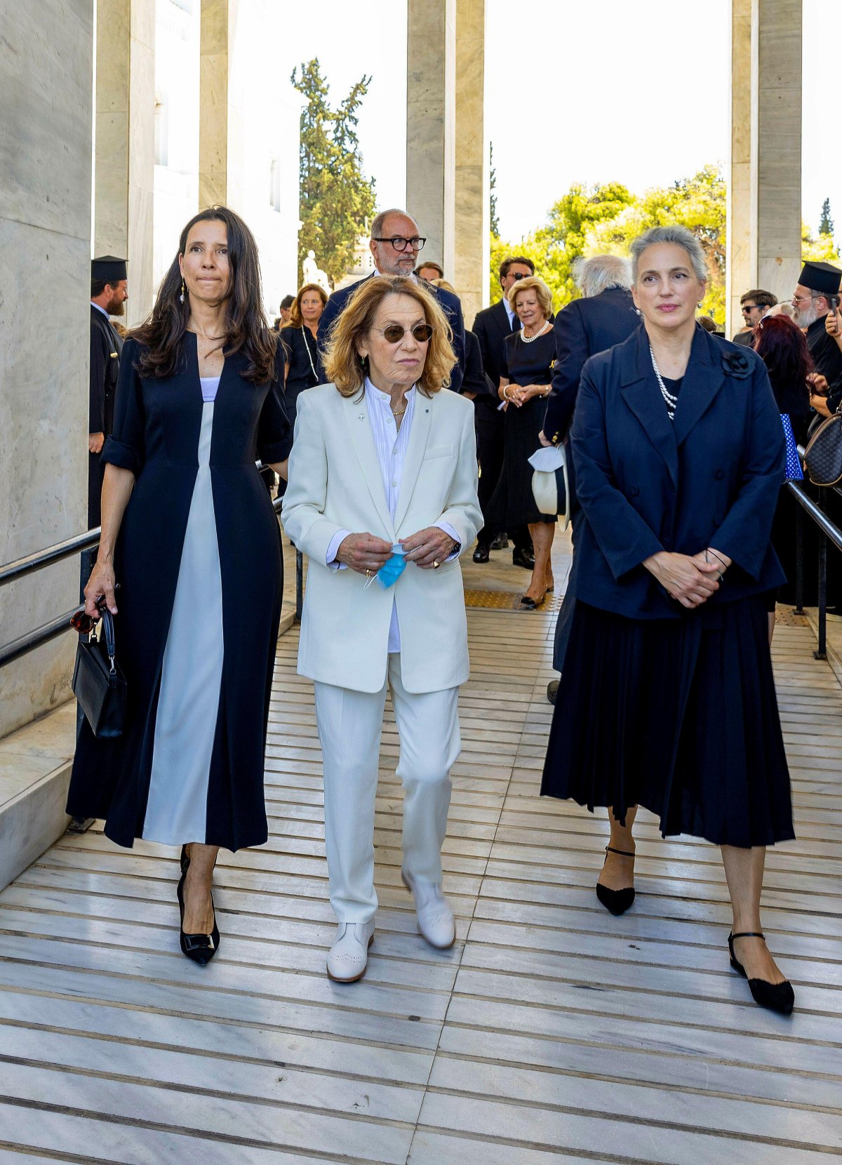 Marina Karella, with her daughters, Princess Alexandra and Princess Olga, attends the funeral of her late husband, Prince Michael of Greece and Denmark, in Athens on August 1, 2024 (Albert Nieboer/DPA Picture Alliance/Alamy)