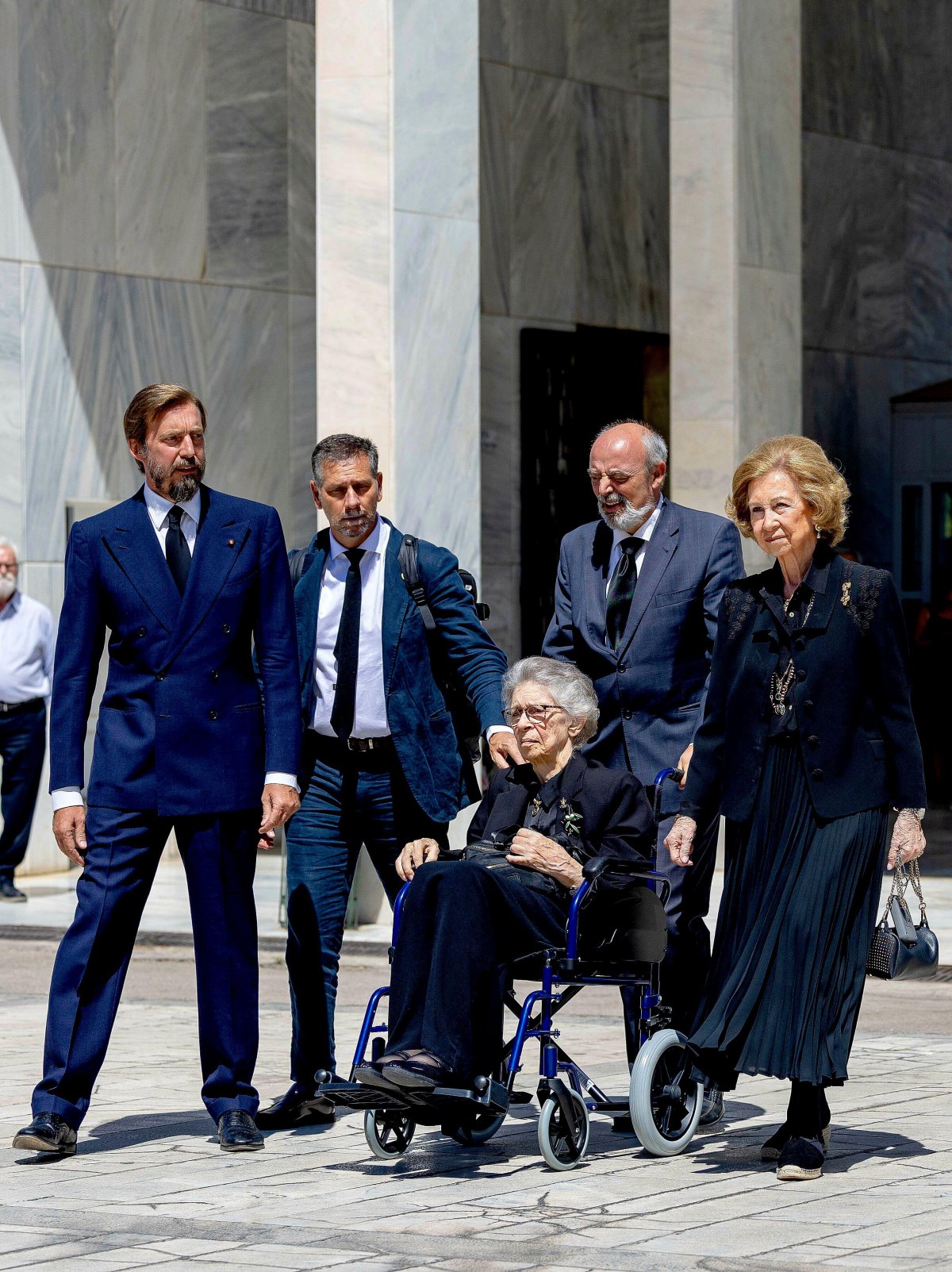 Queen Sofia of Spain and Princess Irene of Greece and Denmark, with the Duke of Aosta, attend the funeral of Prince Michael of Greece and Denmark in Athens on August 1, 2024 (Albert Nieboer/DPA Picture Alliance/Alamy)
