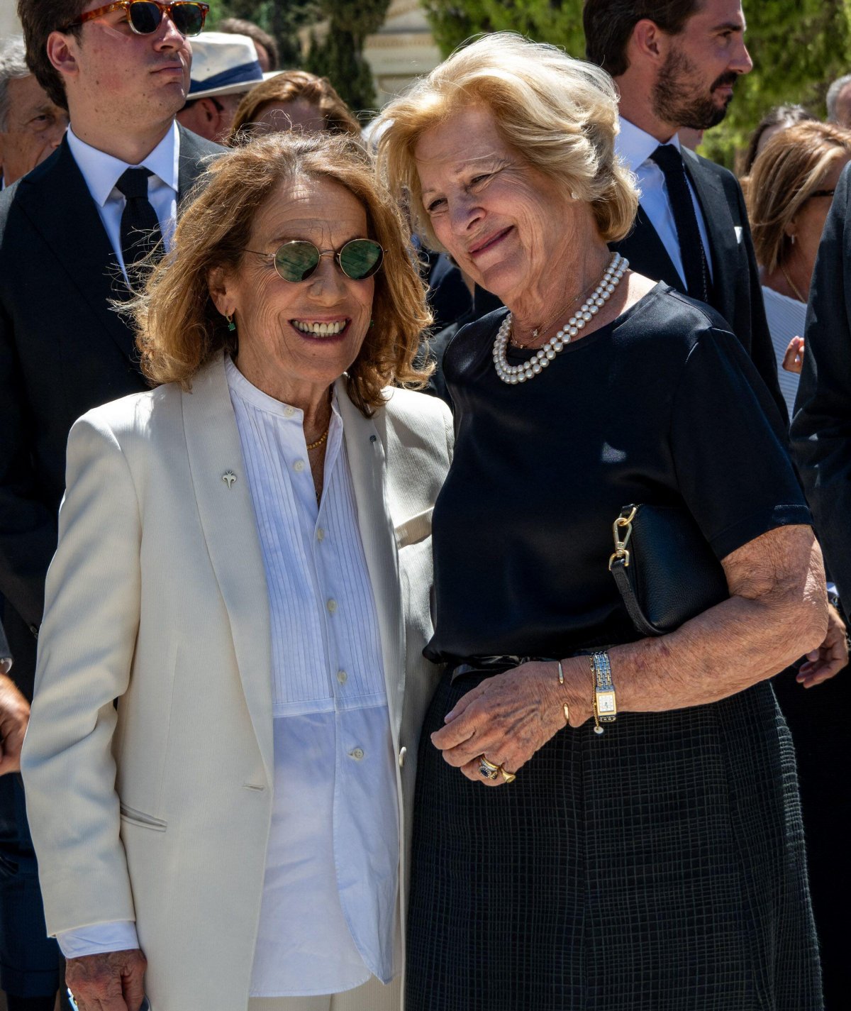 Marina Karella, with Queen Anne-Marie, attends the funeral of her late husband, Prince Michael of Greece and Denmark, in Athens on August 1, 2024 (Ammar Abd Rabbo/Abaca Press/Alamy)