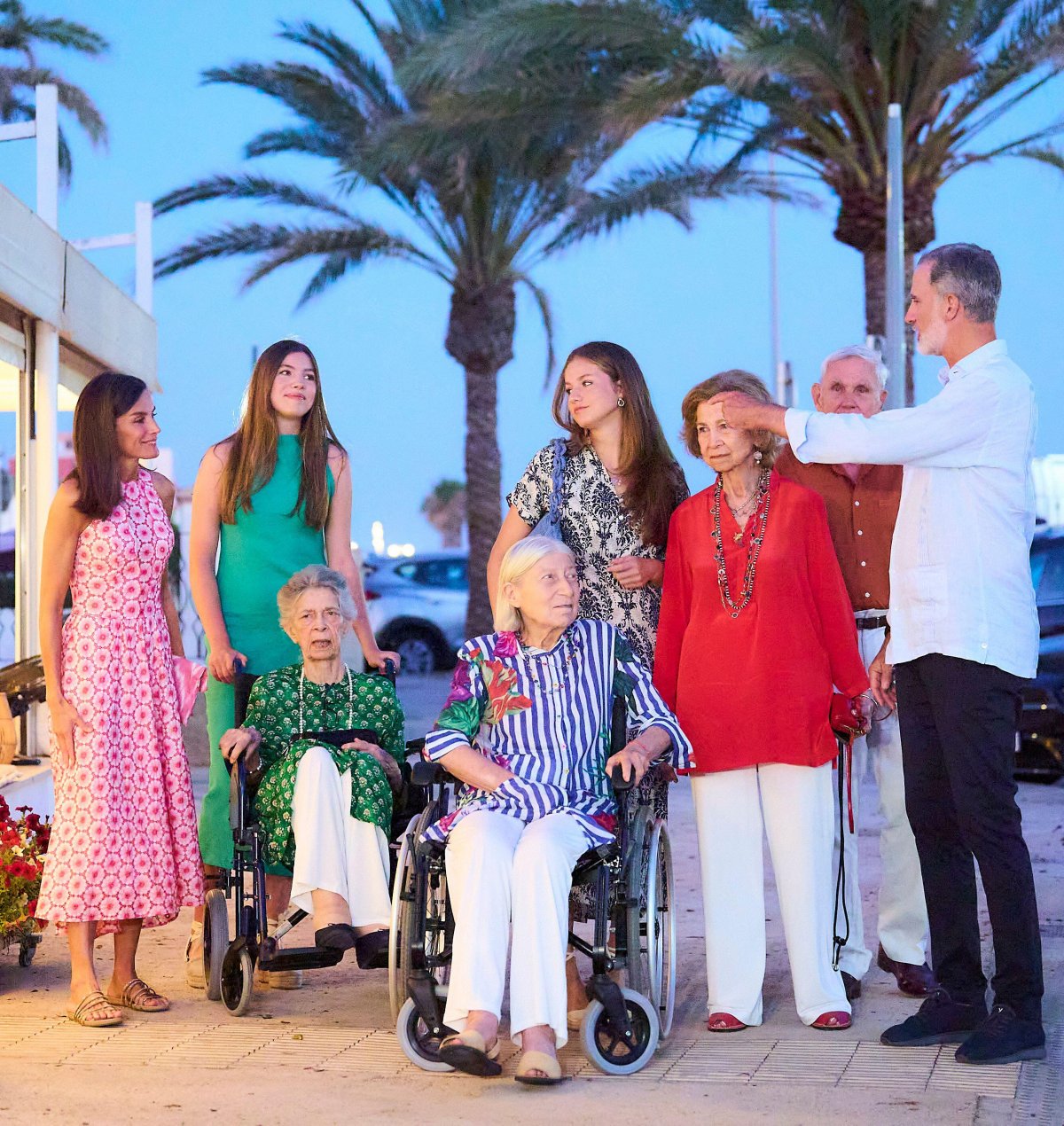 The King and Queen of Spain, with Queen Sofia, Princess Leonor, Infanta Sofia, Princess Irene, and Princess Tatiana Radziwill and Jean Henri Fruchaud, arrive at a restaurant in Palma de Mallorca for a family dinner on August 4, 2024 (Jack Abuin/Zuma Press/Alamy)