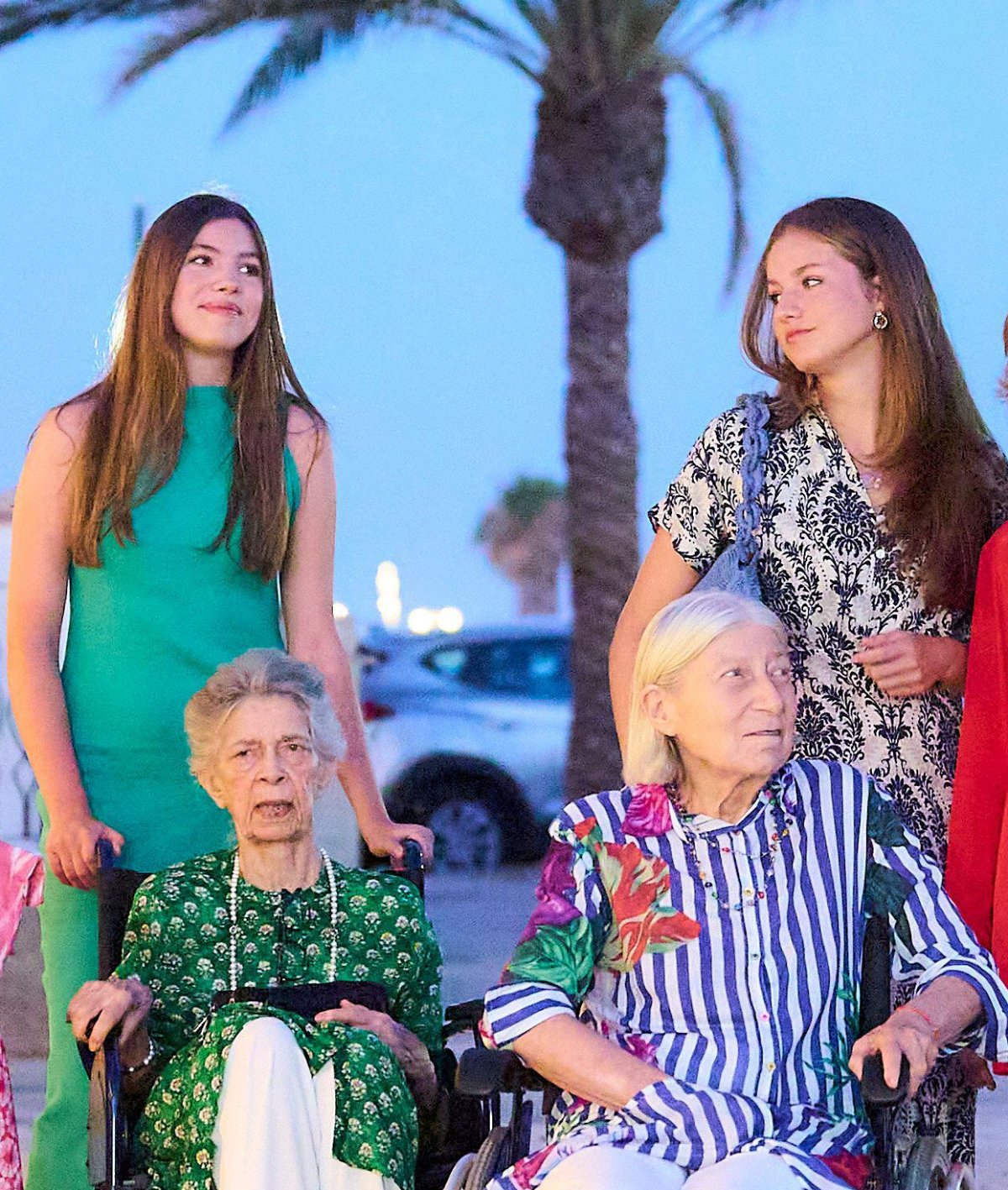 Princess Leonor and Infanta Sofia of Spain, with Princess Irene and Princess Tatiana, arrive at a restaurant in Palma de Mallorca for a family dinner on August 4, 2024 (Jack Abuin/Zuma Press/Alamy)