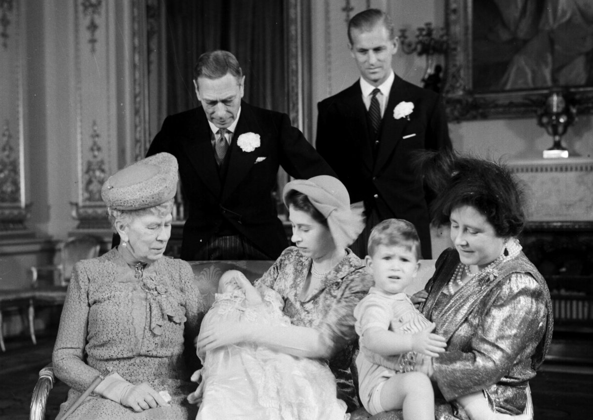 Members of the British royal family pose for portraits after the christening of Princess Anne at Buckingham Palace on October 21, 1950 (PA Images/Alamy)
