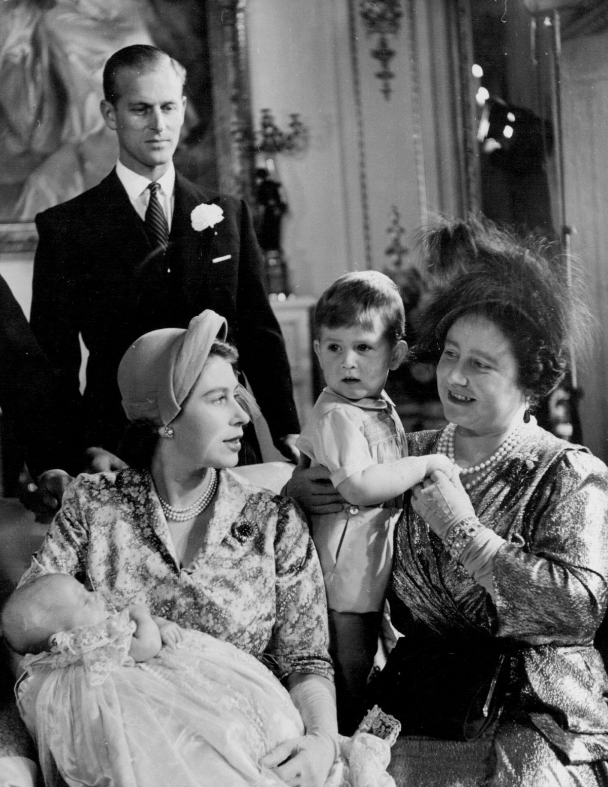 Members of the British royal family pose for portraits after the christening of Princess Anne at Buckingham Palace on October 21, 1950 (SuperStock/Alamy)