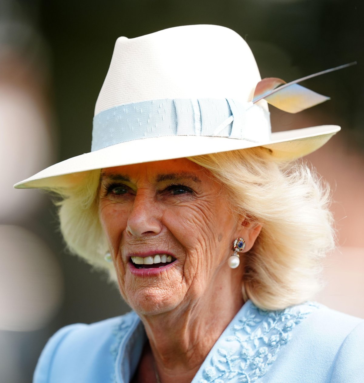 Queen Camilla attends the fourth day of the Sky Bet Ebor Festival at York Racecourse on August 24, 2024 (Mike Egerton/PA Images/Alamy)
