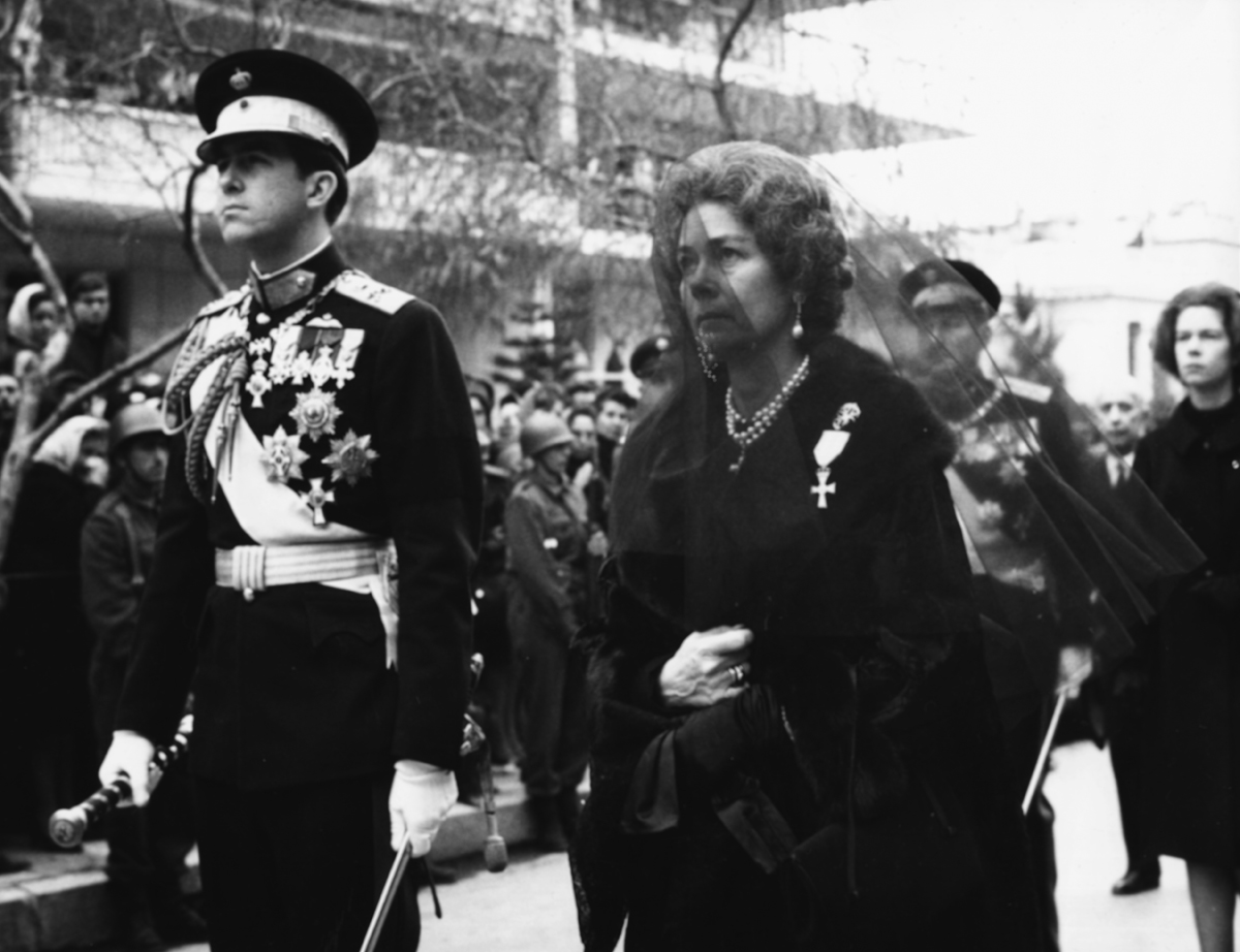 King Constantine II of the Hellenes and his mother, Queen Friederike, walk in the funeral procession for his late father, King Paul, in Athens on March 9, 1964 (Keystone/Hulton Archive/Getty Images)