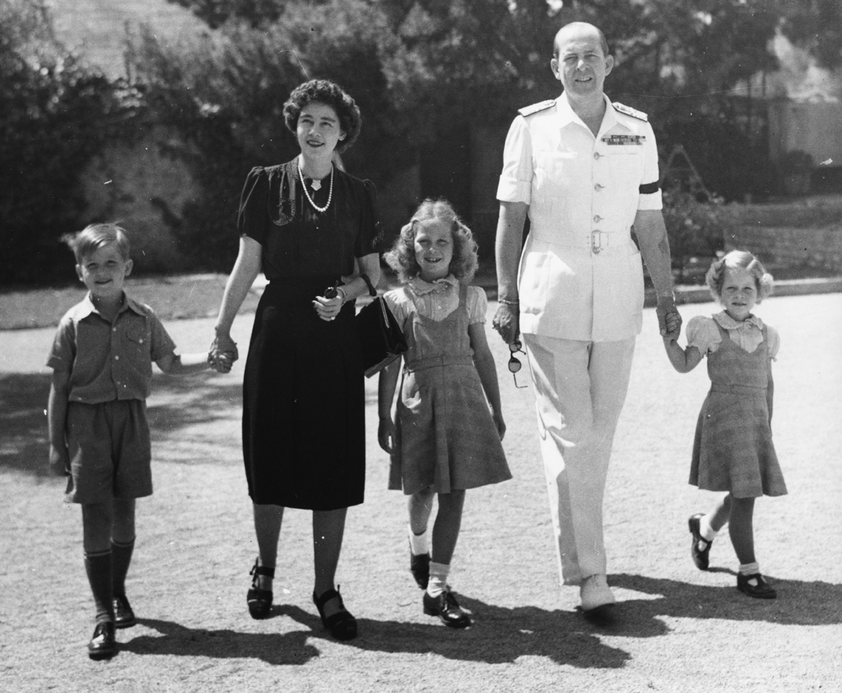 King Paul and Queen Friederike of the Hellenes are pictured with their children, Sophia, Constantine, and Irene, in December 1947 (Chris Ware/Keystone Features/Getty Images)