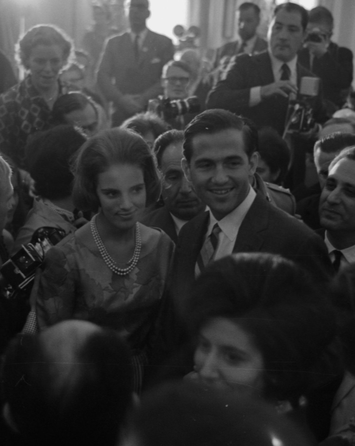 King Constantine II of the Hellenes and Princess Anne-Marie of Denmark greet members of the press on September 9, 1964 (Victor Blackman/Express/Getty Images)