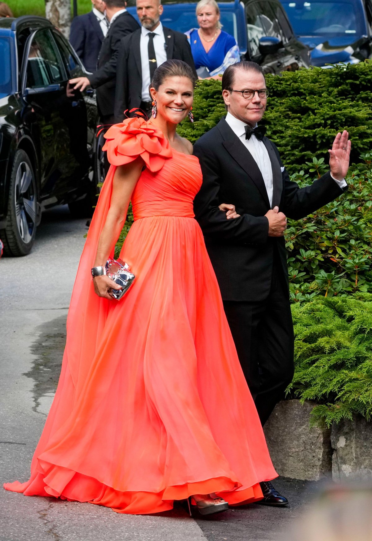 Crown Princess Victoria and Prince Daniel of Sweden arrive for the wedding of Princess Martha Louise in Geiranger, Norway, on August 31, 2024 (Cornelius Poppe/NTB/Alamy)