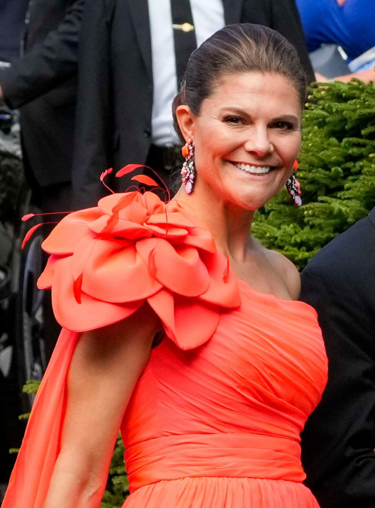 Crown Princess Victoria of Sweden arrives for the wedding of Princess Martha Louise in Geiranger, Norway, on August 31, 2024 (Cornelius Poppe/NTB/Alamy)