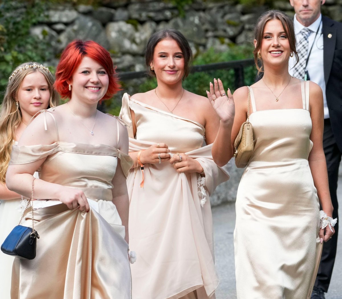 Maud Angelica Behn, Emma Tallulah Behn and Leah Isadora Behn arrive for the wedding of their mother, Princess Martha Louise, in Geiranger, Norway, on August 31, 2024 (Cornelius Poppe/NTB/Alamy)