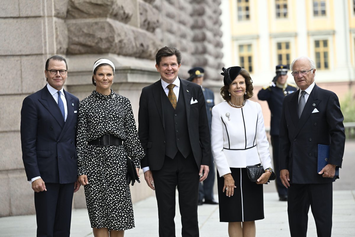Prince Daniel and Crown Princess Victoria of Sweden, Speaker Andreas Norlin, and the King and Queen of Sweden arrive for the opening of the Riksdag session in Stockholm on September 10, 2024 (Pontus Lundahl/TT News Agency/Alamy)
