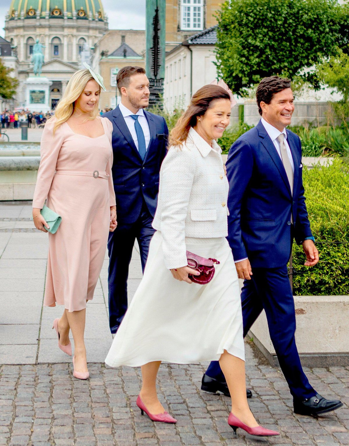 Princess Theodora of Greece and Denmark, Matthew Kumar, Princess Alexia of Greece and Denmark, and Carlos Morales Quintana attend a luncheon aboard the Royal Yacht Dannebrog celebrating Queen Margrethe II of Denmark's Golden Jubilee in Copenhagen on September 11, 2022 (Albert Nieboer/DPA Picture Alliance/Alamy)