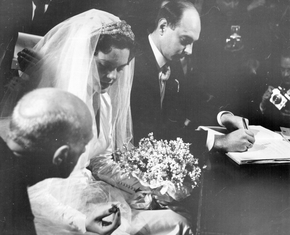Prince Alexander of Yugoslavia and Princess Maria Pia of Savoy are pictured on their wedding day in Cascais on February 12, 1955 (SuperStock/Alamy)