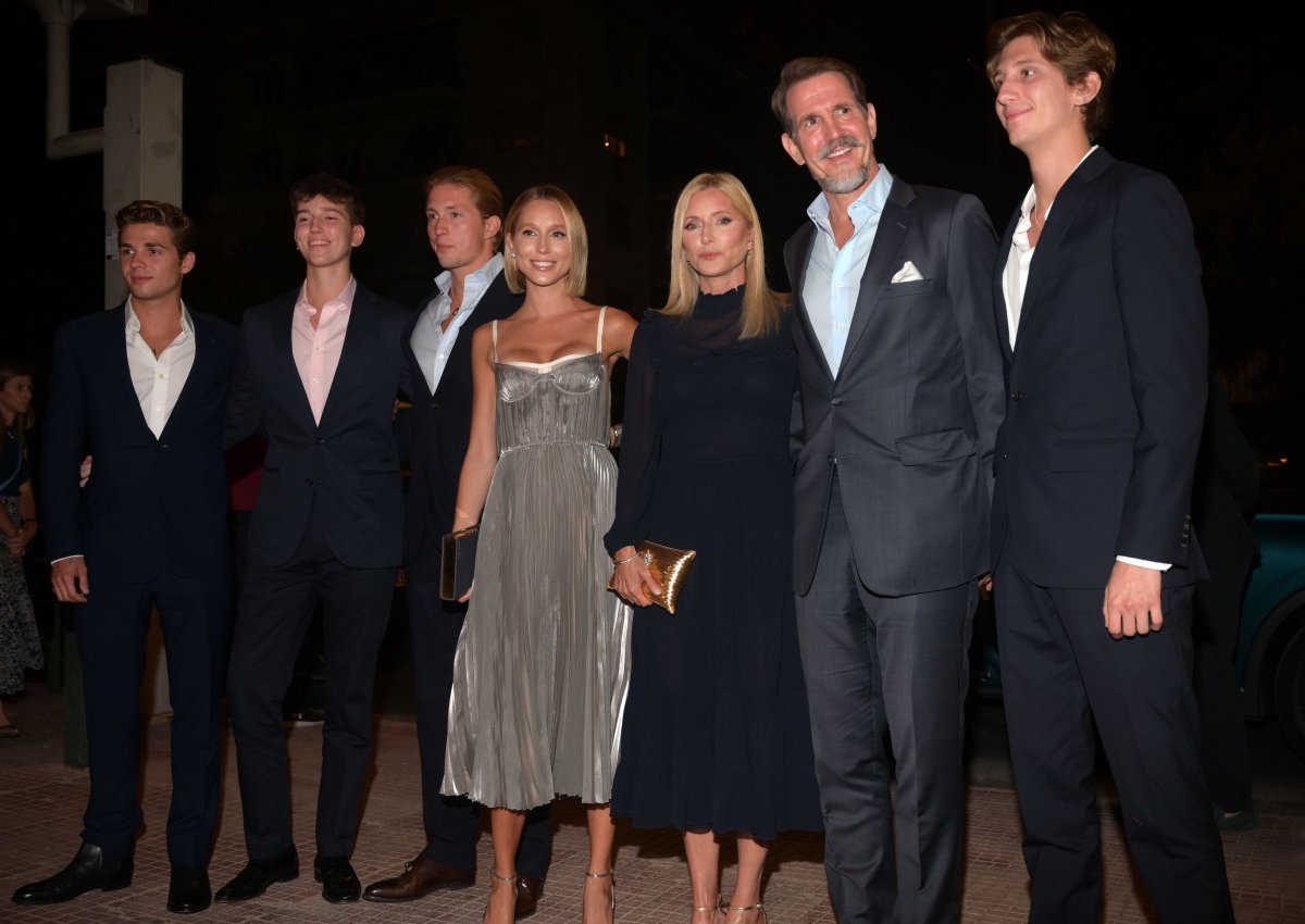 Prince Achileas-Andreas, Prince Aristides-Stavros, Prince Constantine-Alexios, Princess Maria-Olympia, Crown Princess Marie-Chantal, Crown Prince Pavlos, and Prince Odysseas-Kimon attend a pre-wedding dinner for Princess Theodora and Matthew Kumar at the Byzantine and Christian Museum in Athens on September 27, 2024 (Dimitris Aspiotis/Alamy)