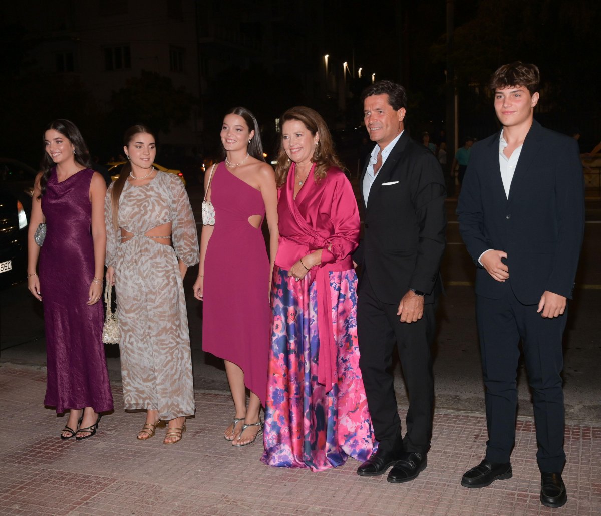 Arrietta Morales y de Grecia, Ana María Morales y de Grecia, Amelia Morales y de Grecia, Princess Alexia, Carlos Morales Quintana, and Carlos Morales y de Grecia attend a pre-wedding dinner for Princess Theodora and Matthew Kumar at the Byzantine and Christian Museum in Athens on September 27, 2024 (Dimitris Aspiotis/Alamy)