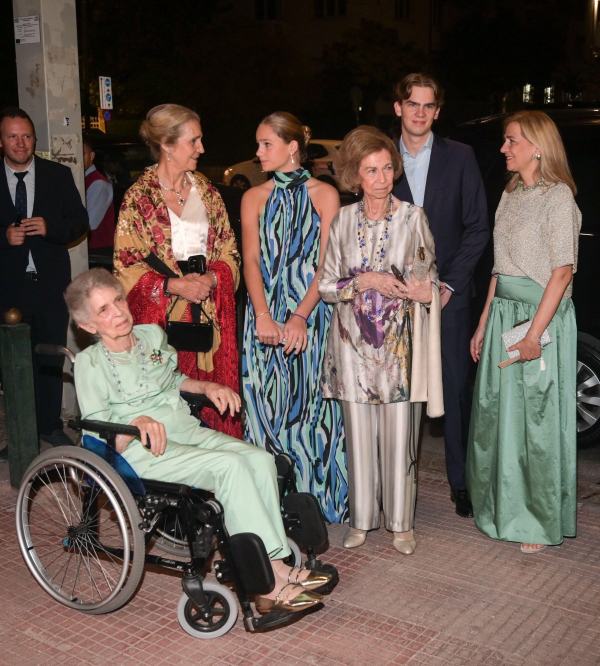 Princess Irene, Infanta Elena, Irene Urdangarin y Borbón, Queen Sofia, Miguel Urdangarin y Borbón, and Infanta Cristina attend a pre-wedding dinner for Princess Theodora and Matthew Kumar at the Byzantine and Christian Museum in Athens on September 27, 2024 (Dimitris Aspiotis/Alamy)
