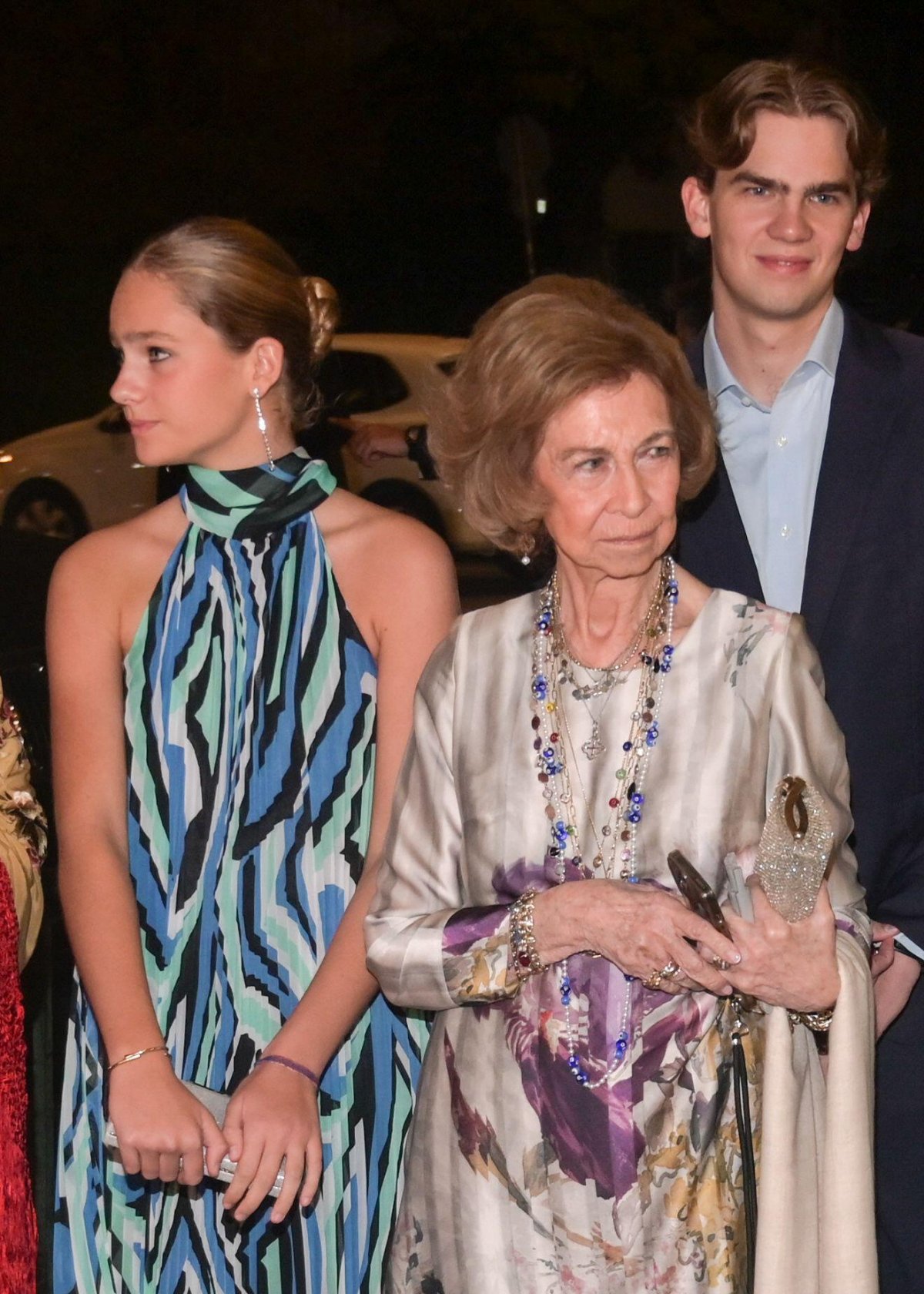 Irene Urdangarin y Borbón, Queen Sofia, and Miguel Urdangarin y Borbón attend a pre-wedding dinner for Princess Theodora and Matthew Kumar at the Byzantine and Christian Museum in Athens on September 27, 2024 (Dimitris Aspiotis/Alamy)