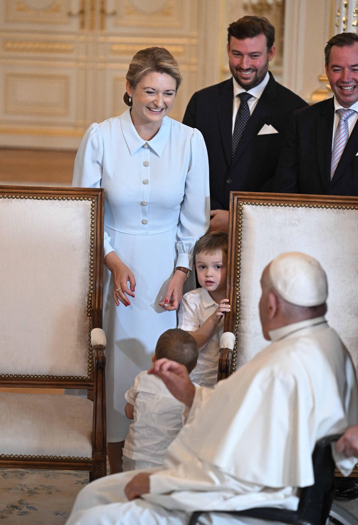 Pope Francis visits the Grand Duke and Grand Duchess of Luxembourg with their children and grandchildren at the Grand Ducal Palace in Luxembourg on September 26, 2024 (David Niviere/Abaca Press/Alamy)