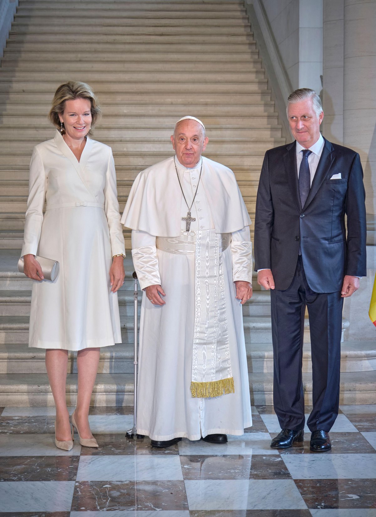 Pope Francis visits with the King and Queen of the Belgians at the Palace of Laeken on September 27, 2024 (Olivier Polet/Abaca Press/Alamy)