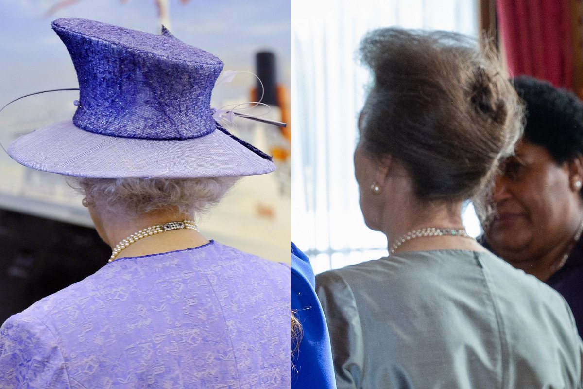 Queen Elizabeth II views a painting in Southampton on June 2, 2008 (Arthur Edwards/PA Images/Alamy); The Princess Royal attends a reception for overseas guests on the night before the coronation at Buckingham Palace on May 5, 2023 (Foreign Commonwealth and Development Office)