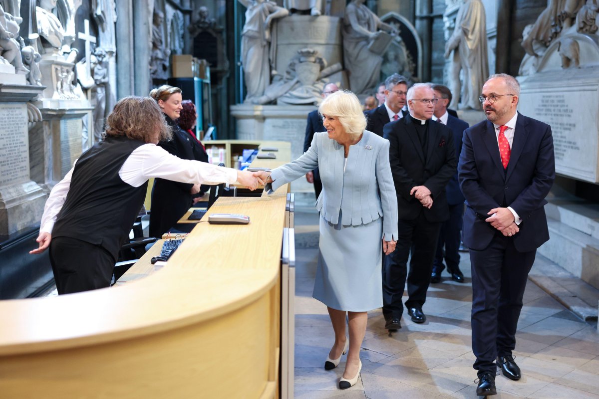 Queen Camilla visits the Westminster Abbey Sacristy Project in London on October 3, 2024 (Chris Jackson/PA Images/Alamy)