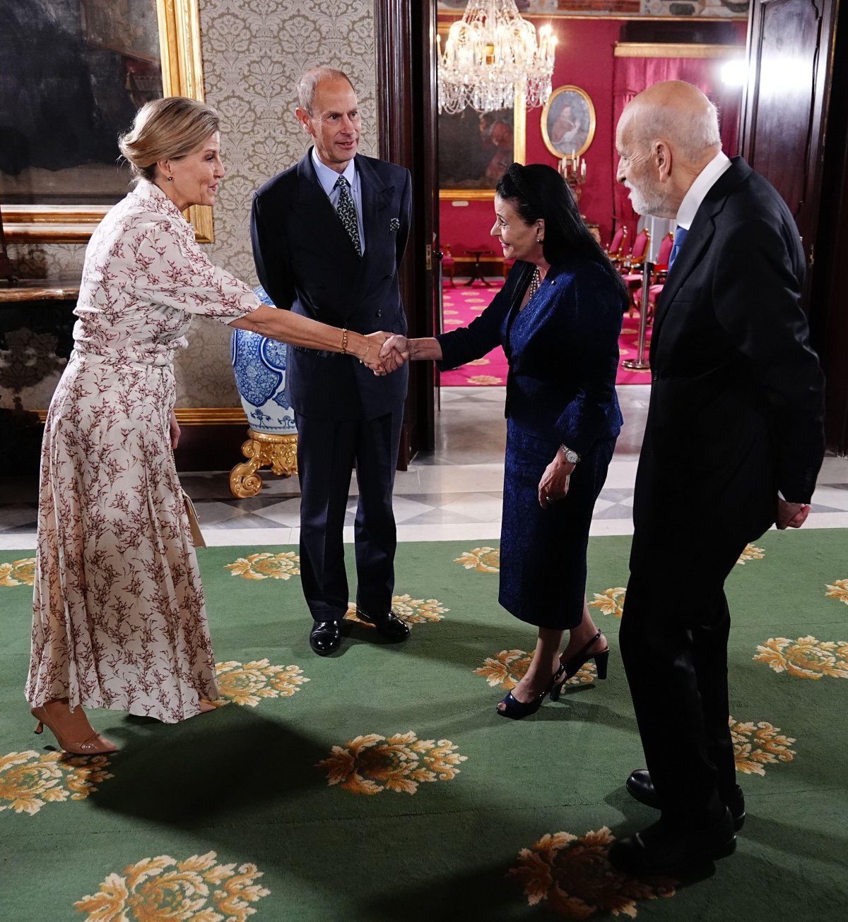 The Duke and Duchess of Edinburgh are greeted by the President of Malta and her husband at the Grandmaster's Palace in St George's Square, Valletta, on the first day of their royal tour of Malta on October 7, 2024 (Aaron Chown/PA Images/Alamy)