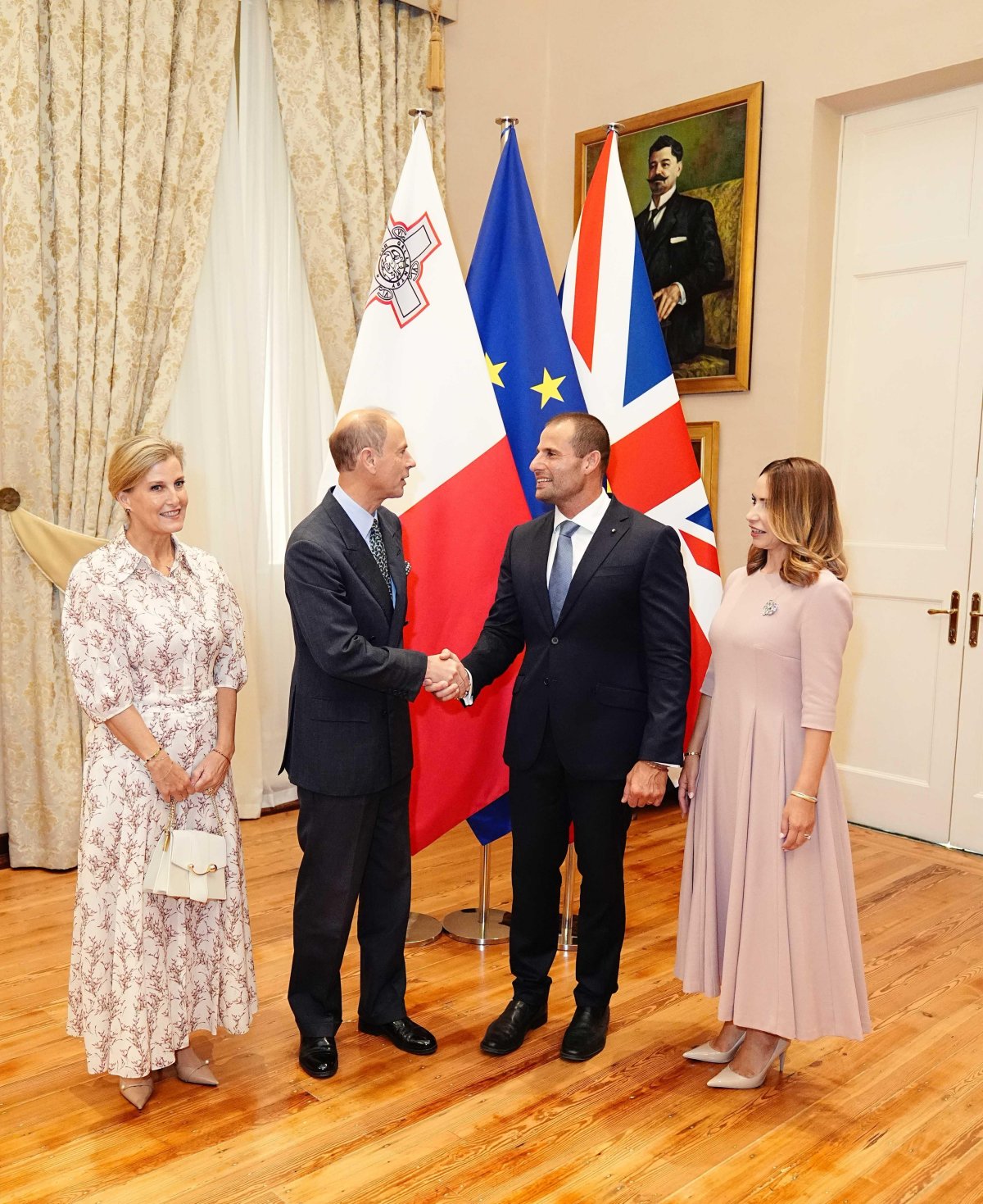 The Duke and Duchess of Edinburgh are greeted by the Prime Minister of Malta and his wife at the Auberge de Castille in Valletta on the first day of their royal tour of Malta on October 7, 2024 (Aaron Chown/PA Images/Alamy)