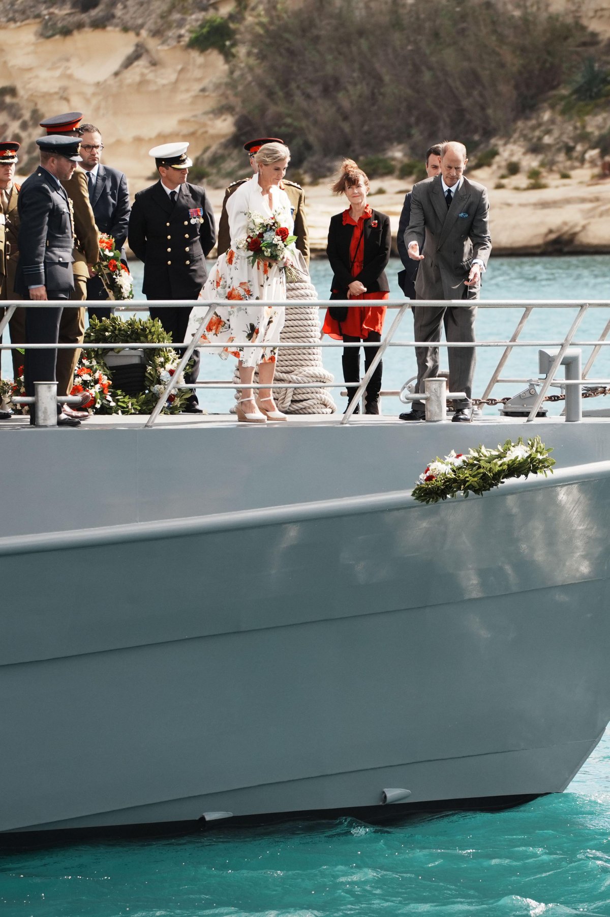 The Duke and Duchess of Edinburgh lay wreaths at the entrance to the Grand Harbour in Valetta on the second day of their royal tour of Malta on October 8, 2024 (Aaron Chown/PA Images/Alamy)