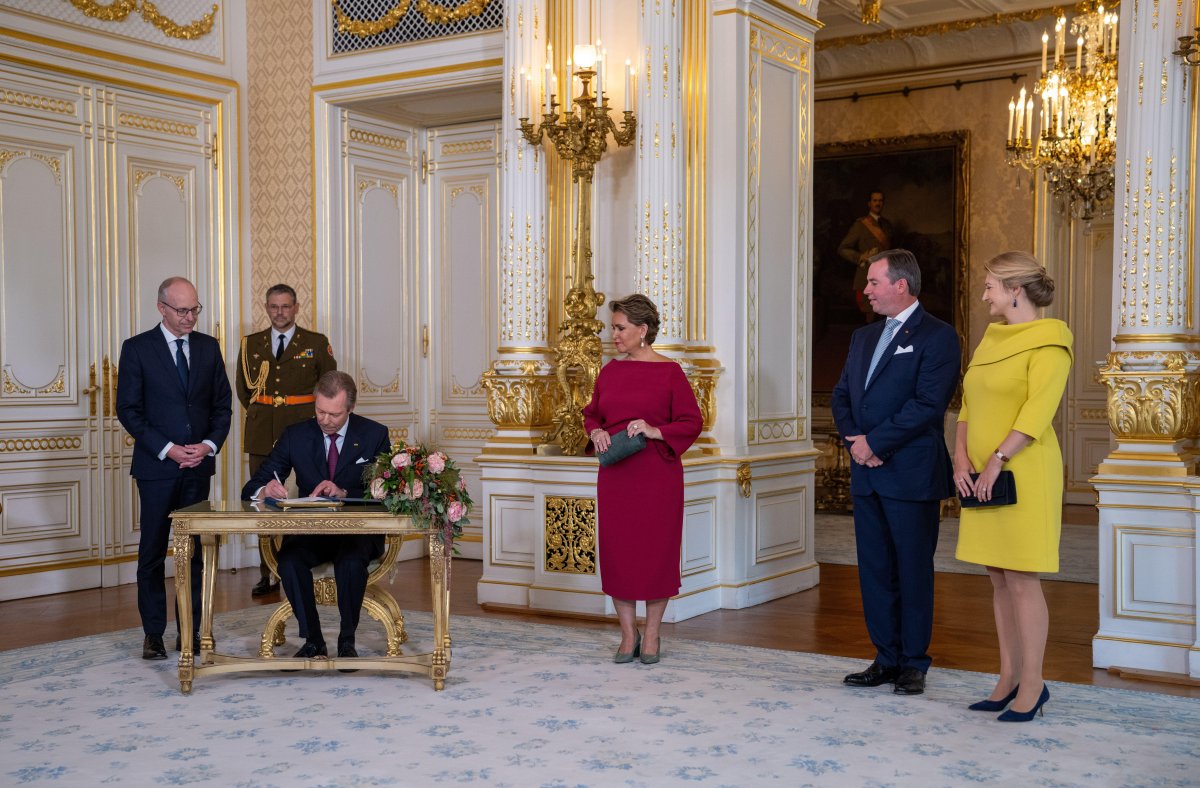 The Grand Duke and Grand Duchess of Luxembourg and the Hereditary Grand Duke and Hereditary Grand Duchess of Luxembourg are pictured at the Grand Ducal Palace during a ceremony marking Guillaume's appointment as Lieutenant-Représentant for his father on October 8, 2024 (Harald Tittel/DPA Picture Alliance/Alamy)