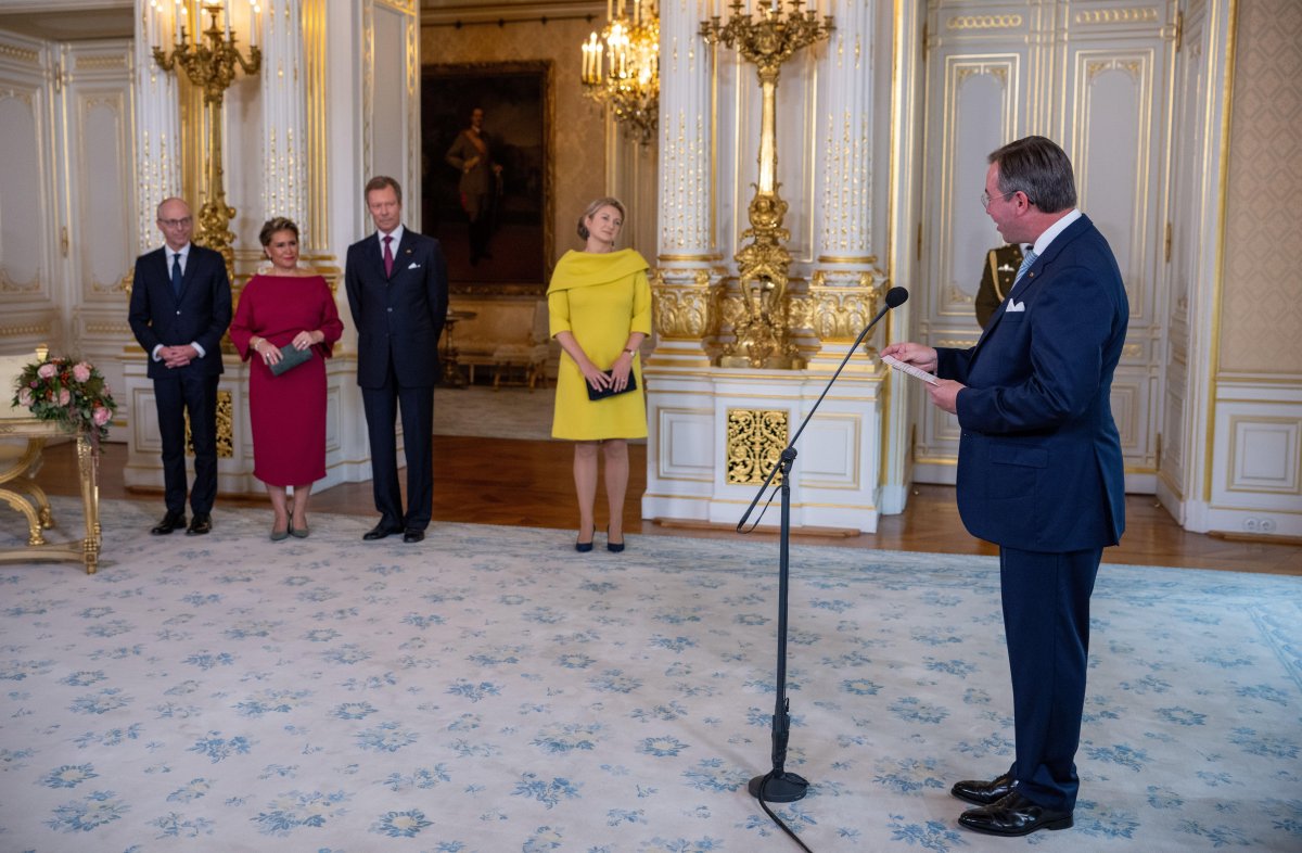 The Grand Duke and Grand Duchess of Luxembourg and the Hereditary Grand Duke and Hereditary Grand Duchess of Luxembourg are pictured at the Grand Ducal Palace during a ceremony marking Guillaume's appointment as Lieutenant-Représentant for his father on October 8, 2024 (Harald Tittel/DPA Picture Alliance/Alamy)